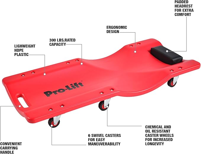 Pro Lift Mechanic Plastic Creeper 36 Inch - Blow Molded Ergonomic HDPE Body with Padded Headrest - 300 Lbs Capacity Red