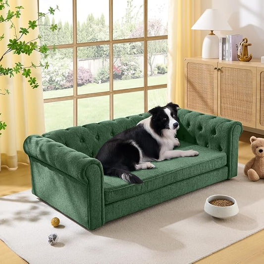 55" Elevated Dog Sofa Couch for Large and Oversized Dogs, Comfortable Linen Fabric Pet Bed with Thick Cushion, Durable Raised Dog Couch with Tufted Armrests, Stylish Modern Pet Furniture