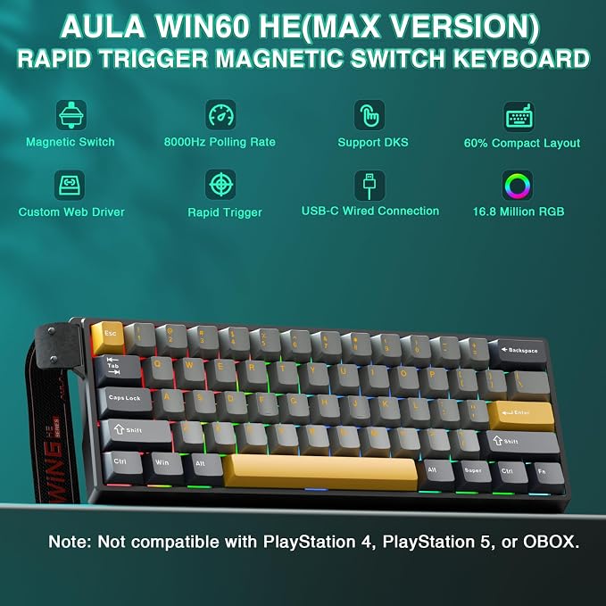 AULA WIN60 HE MAX - 60% Mechanical Gaming Keyboard Wired, Hall Effect Magnetic Switches Hot Swappable, Adjustable Actuation Rapid Trigger Mode, 8000 Hz Polling Rate, 60 Percent Keyboard Compact Design