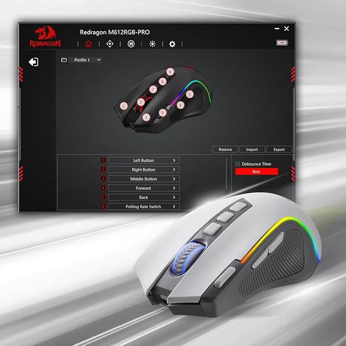 Redragon M612 Wireless RGB Optical Gaming Mouse 8000 DPI Remapping Keys | Cable-Free 0 Delay, Redefine Keybinding Macro, Vibing Backlight, Ergonomic Grip Body Comfort