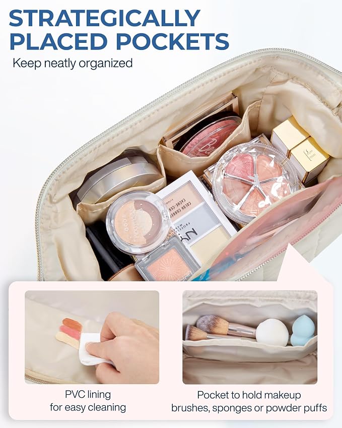 BAGSMART Makeup Bag Travel Toiletry Bag, Wide-open Zipper Pouch, Beige | Puffy Padded, Travel Essentials, Make Up Bag, For Women, Makeup Organizer, Toiletries Accessories Brushes