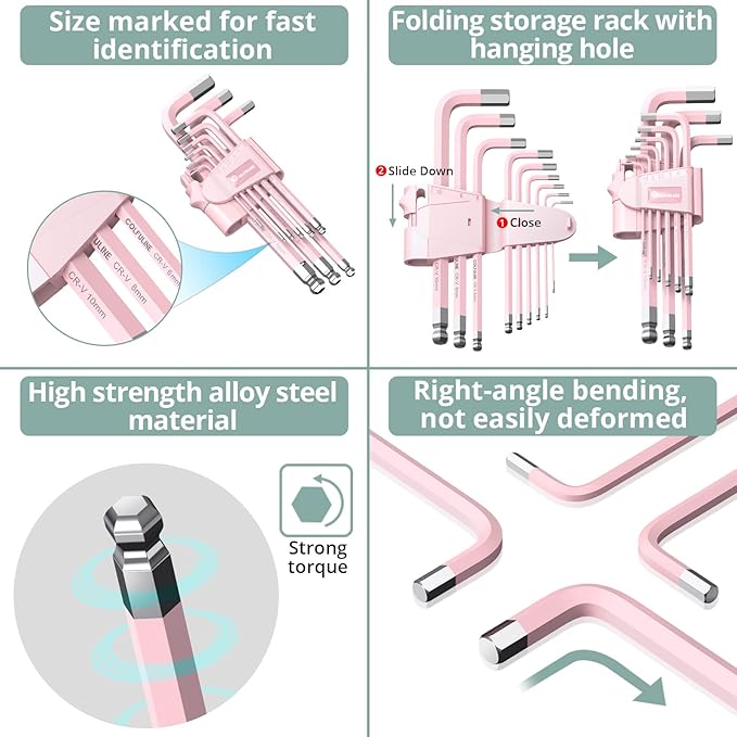 COLFULINE 9 PCS PINK Allen Key Set, Long Ball End Hex Key Set, Cr-V Allen Wrench Set for Women, Size 1.5-10mm with Colour-Coding for Best Gifts and Home Repair