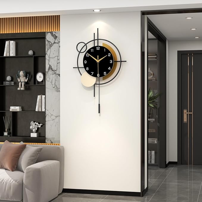 Large Wall Clock for Living Room Decor Modern Wall Clock with Pendulum Silent Quartz Battery Operated Metal Decorative Clock for Dining Room,Kitchen,Home,Bathroom,Bedroom,17.7x27.3 in