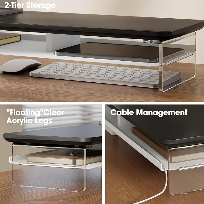 Fenge 42.5" Dual Monitor Stand with Clear Acrylic Legs, Black | Clear acrylic, storage compartment, 2-tier home office monitor riser, wide large desktop shelf fit monitor/laptop/printer