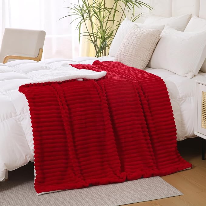 Red Sherpa Fleece Throw Blanket 90”×90”for Couch Sofa Bed | Double Side Soft Fuzzy Cozy Plush Thick Flannel Blanket with Striped Design Gift for Adults,Woman