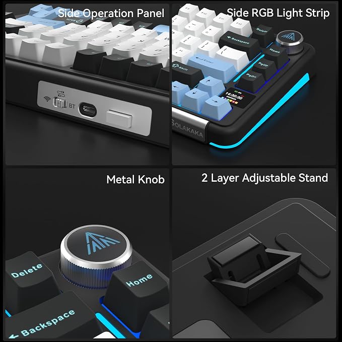 SOLAKAKA A75 PRO Black Gaming Keyboard 75% Wireless Mechanical with Screen and Knob, RGB Backlit Hot Swappable Gasket Pre-lubed PBT Keycaps for PC/Mac/Win
