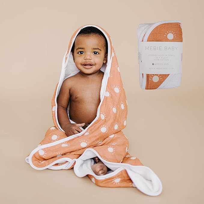 Mebie Baby Muslin Hooded Towel, Sunshine, Cute Hooded Baby Bath Towel for Newborn, Infant & Toddler, Modern Baby Towels and Washcloths for Boy & Girl, Floral & Pattern Hooded Baby Towels