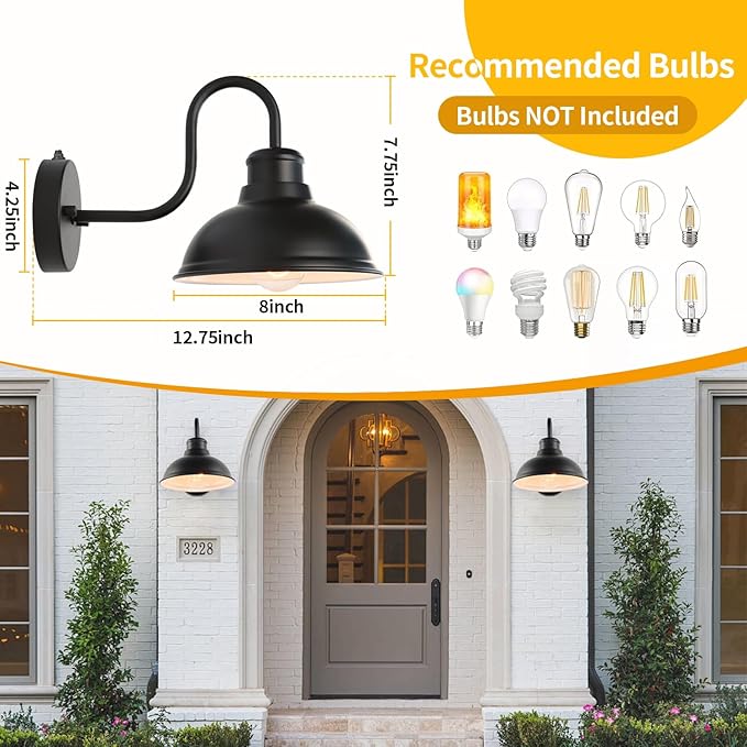 Dusk to Dawn Outdoor Wall Sconces, Exterior Farmhouse Gooseneck Barn Light, Vintage Matte Black Outside Wall Mount Light Fixture, Anti-Rust Waterproof Outdoor Light for Porch Garage