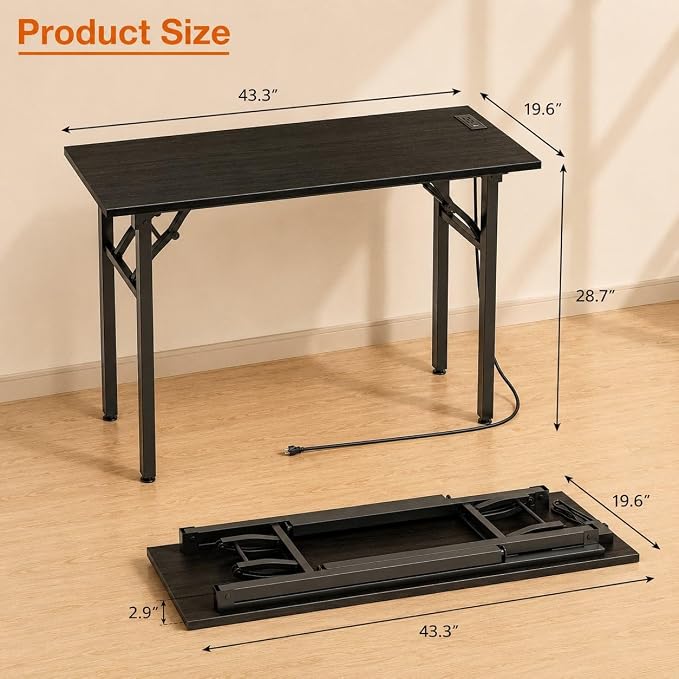 Folding Table Computer Desk - 43.3" No Assembly Folding Desk with Power Outlets & USB Charging Port, Small Desk, Foldable Office Desk, Compact Storage Portable Use for Small Space, Dark Oak