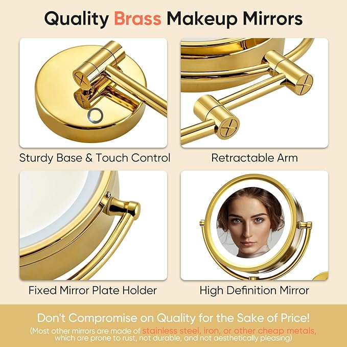 GURUN 8.5" Plug-in Magnifying Makeup Mirror with 3 Tones Dimmable LED Lights Double Sided Touch Control Wall Mounted Vanity Mirror for Bathroom with 10X Magnification M1809DGJ-T (Brushed Gold)