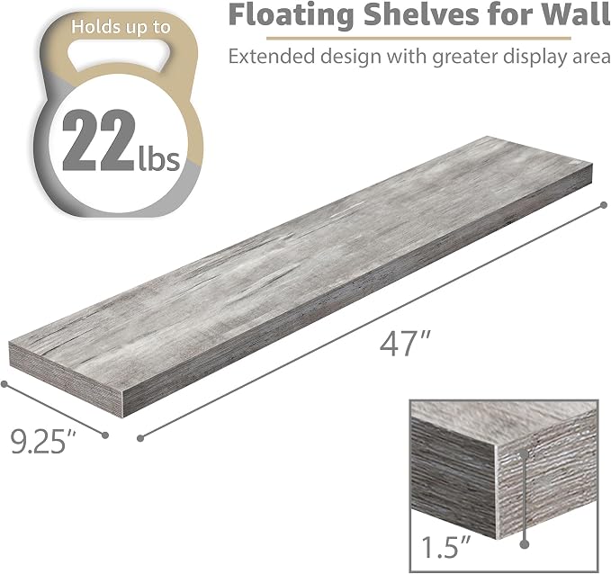 Sorbus Floating Shelves for Wall - 48 Inch Long Bathroom Shelves, Wall Decor for Bedroom, Kitchen, Living Room & Book Storage - Mounted Floating Shelf with Invisible Brackets (Gray, 2 Pack)