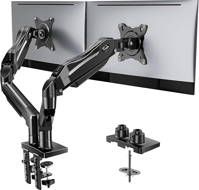 HUANUO FlowLift™ Dual Monitor Stand, Fully Adjustable Gaming Monitor Desk Mount for 13–32″ Computer Screens, Full Motion VESA 75x75/100x100 with C-Clamp & Grommet Base, Each Arm Holds 4.4 to 19.8 lbs
