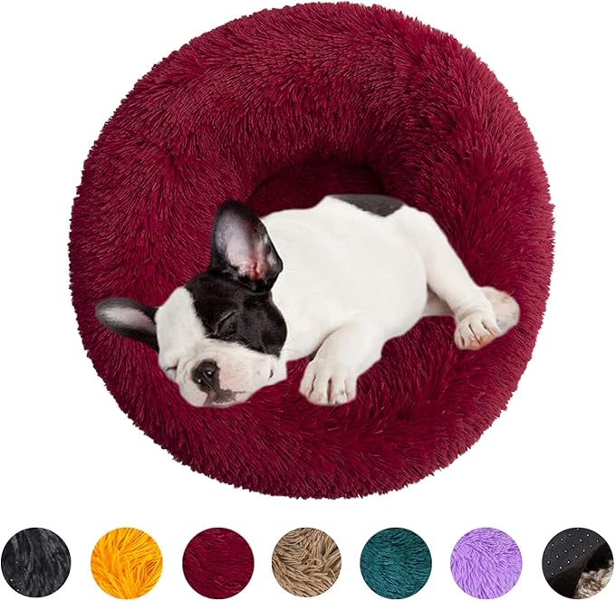 huraty Plush Calming Dog Bed, Faux Fur Donut Cuddler Bed for Cats, Anti-Skid & Anti-Anxiety, 20 Inch for Puppy and Kitties, Wine Red, S