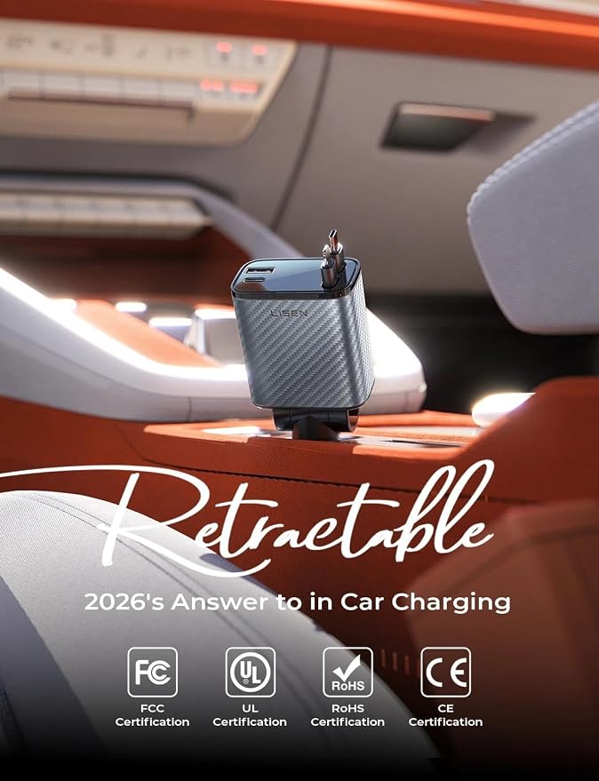 LISEN Retractable Car Charger, 84W Car Charger USB C Fast Charger Adapter, Car Accessories for Men Women, Gifts for Fathers Day for Men Dad Husband, for iPhone 17 16 15 14 13 12 Pro Max, Carbon-Grey | Multiple Ports Car Charger, Retractable Car Charger...