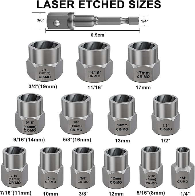 Topec 13+1 Piece Impact Bolt & Nut Remover Set, 3/8" Drive Bolt Extractor Socket Set, 8mm-19mm Stripped Lug Nut Remover, Twist Socket for Damaged, Rusted, Rounded Fasteners