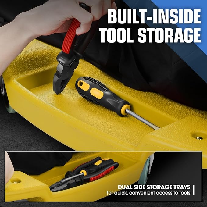 PM PERFORMOTOR Inches Heavy-Duty Low-Profile Roller Automotive Creeper with Padded Headrest, Yellow, PM-TOL-CPC48-YL