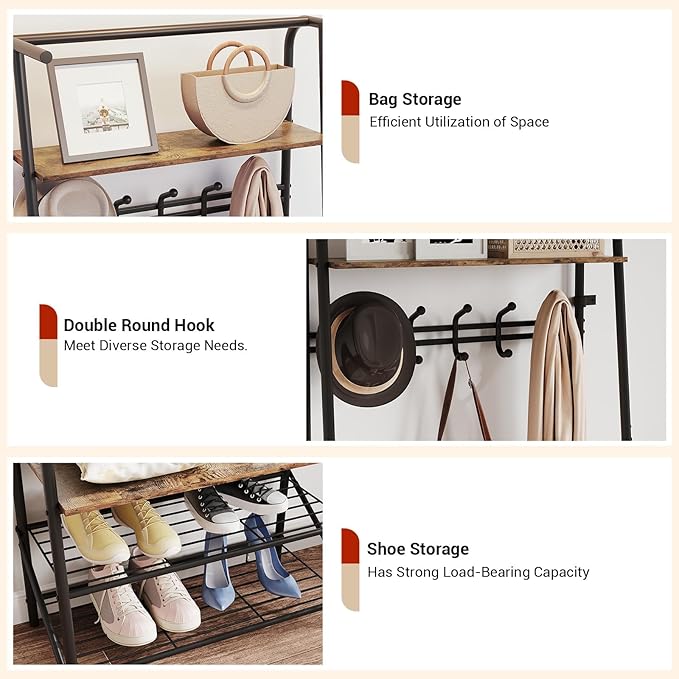 4-In-1 Hall Tree Entryway Organizer with 5 Hooks and Shoe Storage Bench, Sturdy Metal Frame, Wood Look Accent for Coat, Hat, and Bag Organization in Entryway, Living Room, or Bedroom