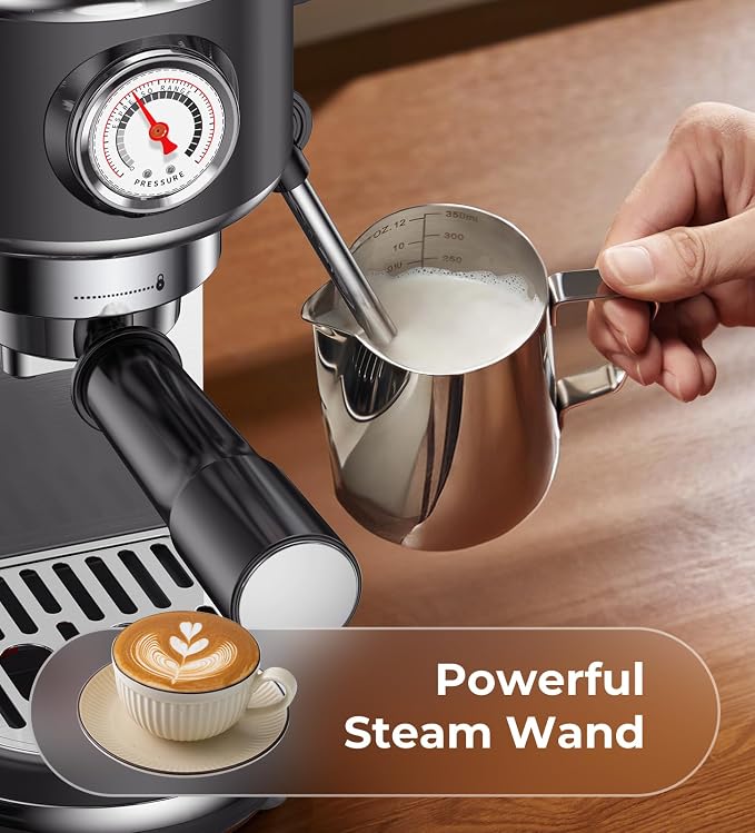 atatix 20 Bar Espresso Machine with Milk Frother, Compact Espresso Maker | Stainless Steel Coffee Machine with Precise Temp Control, 44oz Removable Water Tank for Latte, Cappuccino, Dark Grey