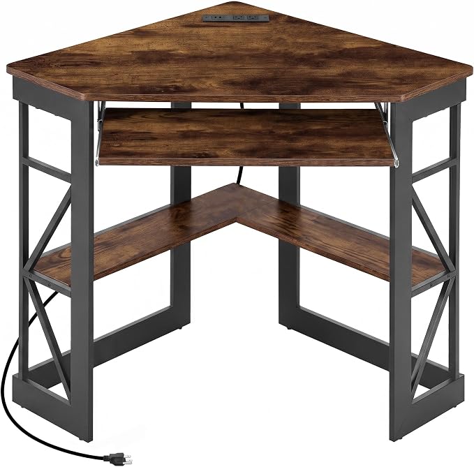 VECELO Corner Desk, Triangle Computer Desk for Small Space with Charging Station and Keyboard Tray, Corner Makeup Table with Storage Shelves for Home Office Bedroom, 41x30, Vintage Brown