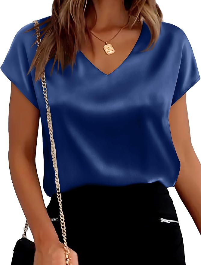 WIHOLL Womens Satin Summer Tops Cap Short Sleeve Blouses V Neck Shirts Business Casual Outfits Fashion Clothing 2026