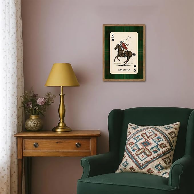 Vintage Equestrian Wall Art, King of Polo Wall Decor Painting Rustic Race Horse Sports Poster Canvas Prints Picture for Game Room Living Room Bedroom 16x24 inch Wood Framed