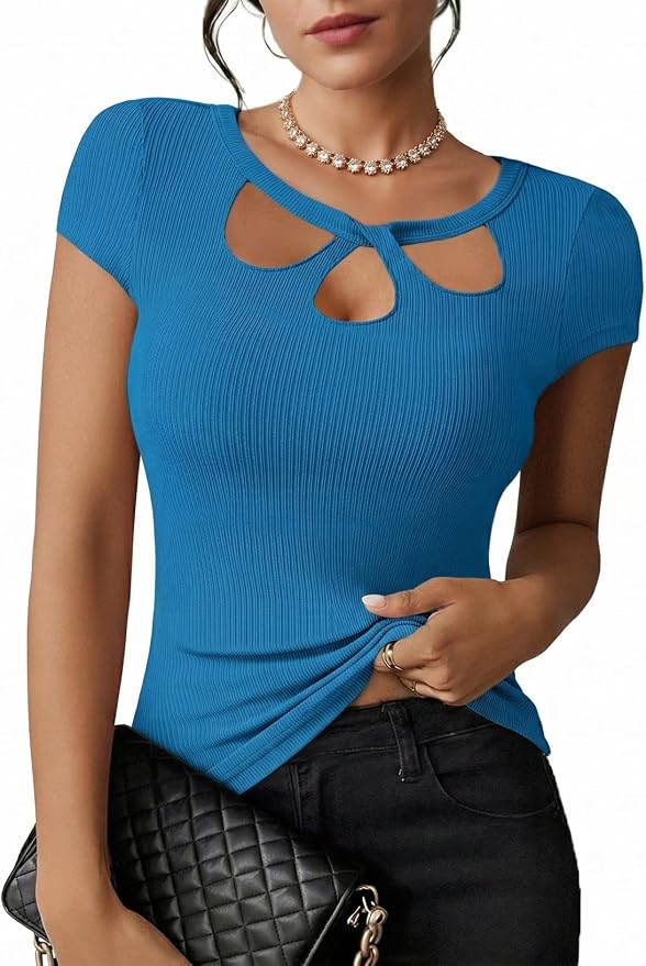 Pink Queen Sexy Tops for Women Cutout Keyhole Neck Cap Sleeve Shirts Casual Summer Clothes 2026 Fashion