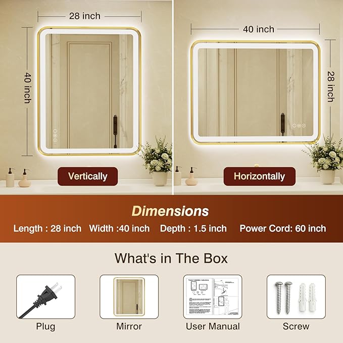 28x40 Inch LED Bathroom Mirror with Gold Frame,Front and Backlit Vanity Mirror,Tempered Glass,Stepless Dimmable Wall Mirrors with Anti-Fog, 3 Colors, Memory, Waterproof, LED Smart Bathroom Mirror