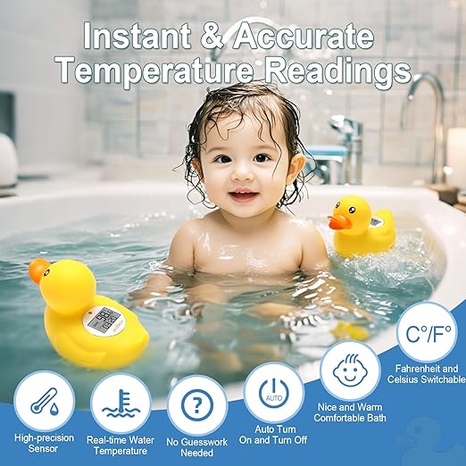 Instant-Read Baby Bath Thermometer - Baby Safety Rubber Duck with Auto Water Temperature Alert & Timer, Cute Floating Bath Toy & Digital Room Thermometer, Essential Must-Have for Baby