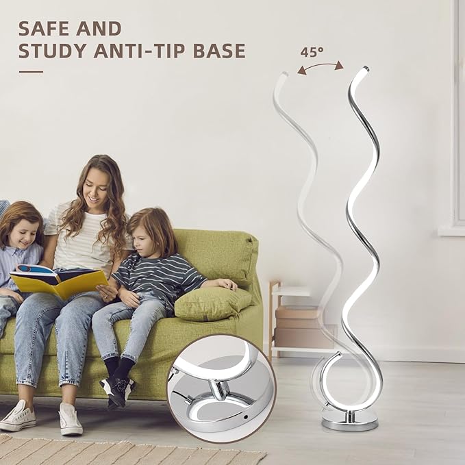 Spiral LED Floor Lamp for Living Room,40W Modern Floor Lamps with Remote Control, 3 Colors Stepless Dimmable Floor Standing Lamp Reading Corner Floor Tall Lamp for Bedroom Office - Chrome