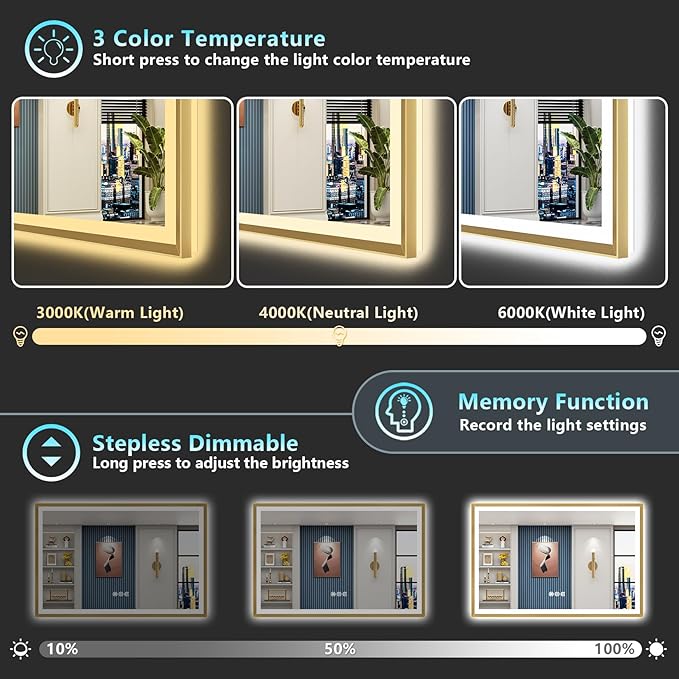 66x36 Gold Beveled LED Bathroom Mirror with Lights, Brushed Gold Framed Backlit and Front Lit Anti-Fog Lighted Vanity Mirrors for Bathroom Wall, Dimmable, 3 Colors, Memory, HD Tempered Glass