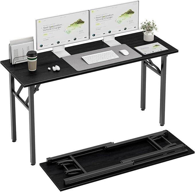 TEMI Long Computer Desk Folding Table - 55.1" Foldable Office Desk, No Assembly, Perfect Writing Table for Bedroom or Apartment, Portable Large Desk or Study Table with Compact Design, Dark Oak