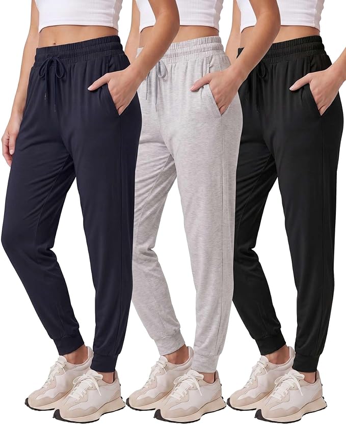 3 Pack Women's Lounge Joggers Sweatpant Active Athletic Yoga Workout Pocket | Available in Plus Size, Ladies Casual, Drawstring Gym Pants, Sleep Bottoms, Hiking, Running, Fitness, Exercise, Pajama, Soft