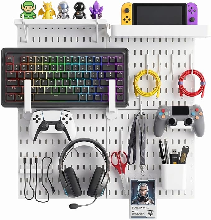 Keepo Peg Board Wall Organizer for Gaming Setup, Pegboard with Adhesives & Screw Mounts, Includes Peg Board Accessories for Gaming Accessories, Tech Storage & Office Organization (White, 22″×22″)