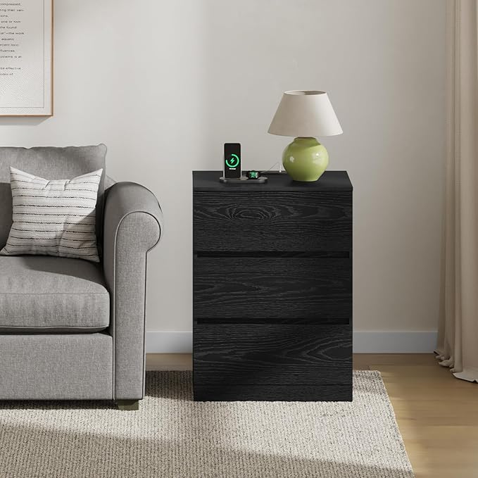 Nightstand, 4 Drawers, 26" H with Hidden Drawer, Bedside Table with Charging Station, Modern Night Stand for Bedroom, Black
