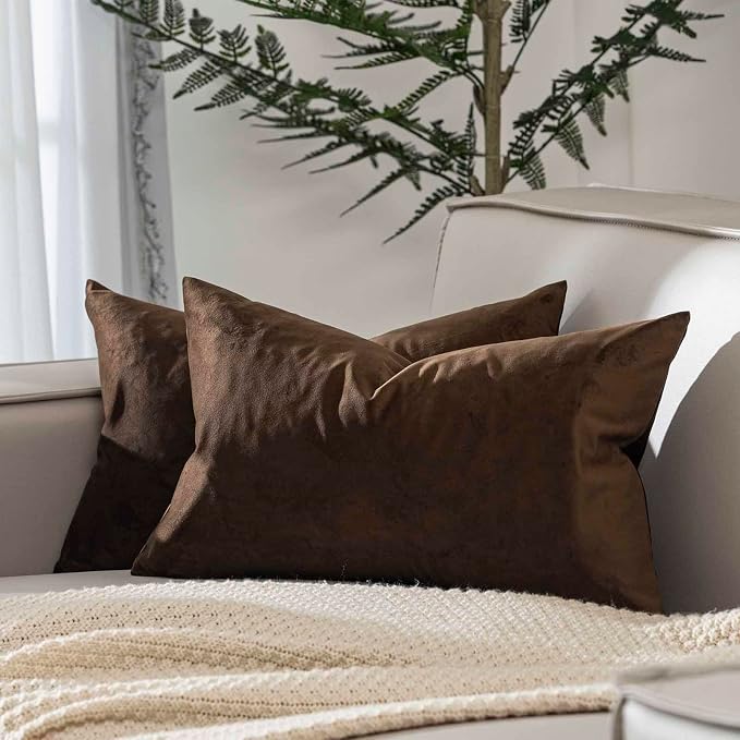 Brown 12x20 Throw Lumbar Pillow Covers Decorative Cushion Covers Set of 2 | Soft Velvet Pillow Cases with Invisible Zipper for Modern Couch Sofa Bed Living Room Bedroom Home Decor