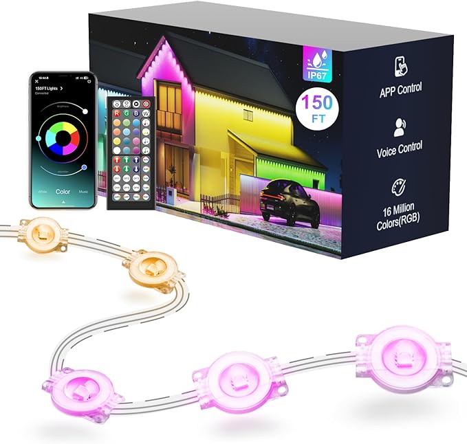 Fussion Permanent Outdoor Lights for House, 150ft RGB Halloween House Lights Outdoor with APP Remote Control, IP67 Waterproof Smart Eternity Eaves Lighting for Christmas, Holiday, Party, Daily