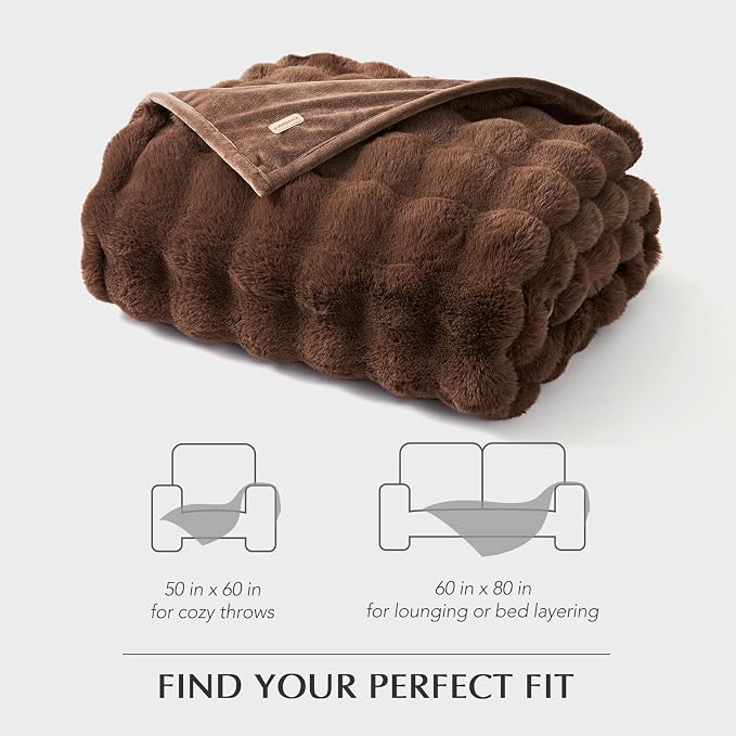 Faux Rabbit Fur Bubble Throw Blanket, 50"x60", Chestnut | Ultra Soft, Luxury Faux Rabbit Fur Throw, Thick Warm Bubble Blanket, Cozy Fluffy Reversible, for Bed, Couch, Chair, Sofa