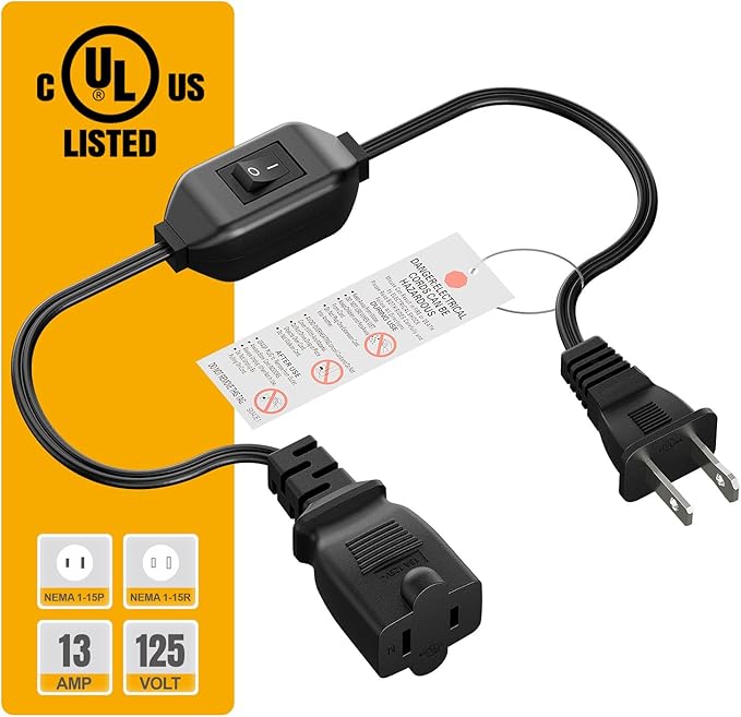 On Off Switch Extension Cord [2-Feet], 2-Prong Polarized Extension Cord with Switch 12A/125V for Your Chargers/Lamp/Power Adapters etc, 16AWG Cord