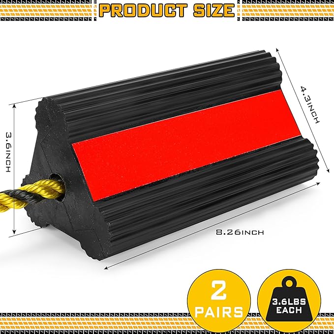 2 Pair Heavy Duty Wheel Chocks for RV Trailer, Rubber Wheel Stoppers, Dual Blocks Front and Back, Non Slip Tire Chock with Nylon Rope Reflective Tape for RVs Travel Trailers Car(Red)