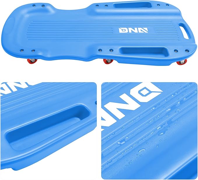 DNA Motoring 38 Inches Low Profile Plastic Rolling Garage Shop Floor Creeper with Side Pockets & 6pcs Casters, Blue, TOOLS-00391