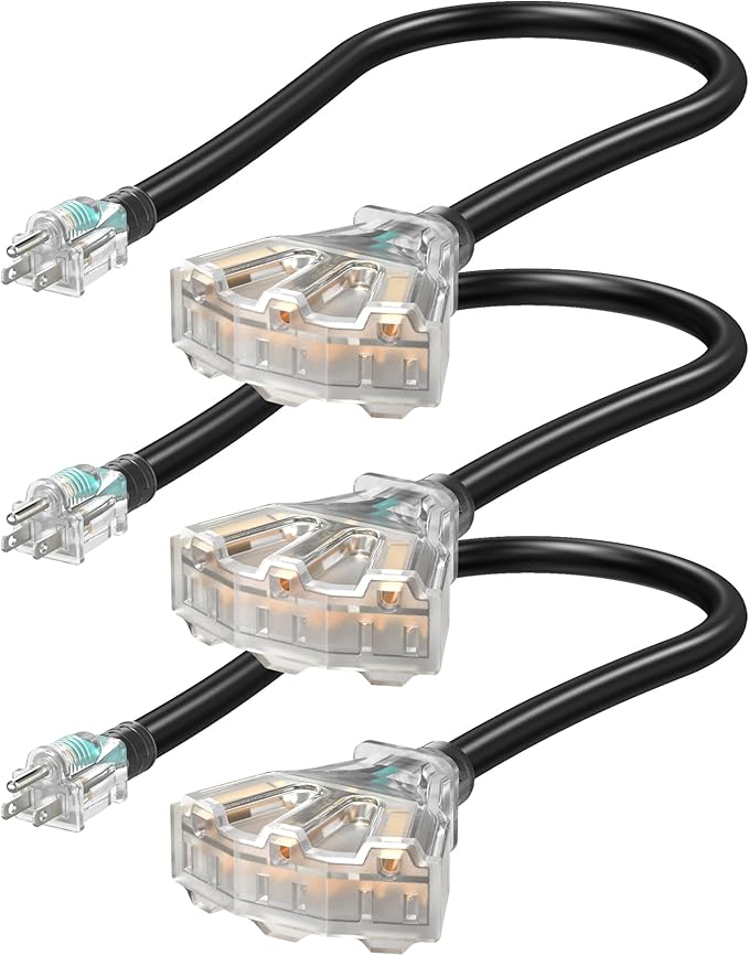 DEWENWILS 24 Inches 12/3 Gauge Indoor Tri-Tap Extension Cord Splitter, STW 15 Amp Contractor Grade Heavy Duty Power Cable with LED Lighted Plug, UL Listed, Pack of 3