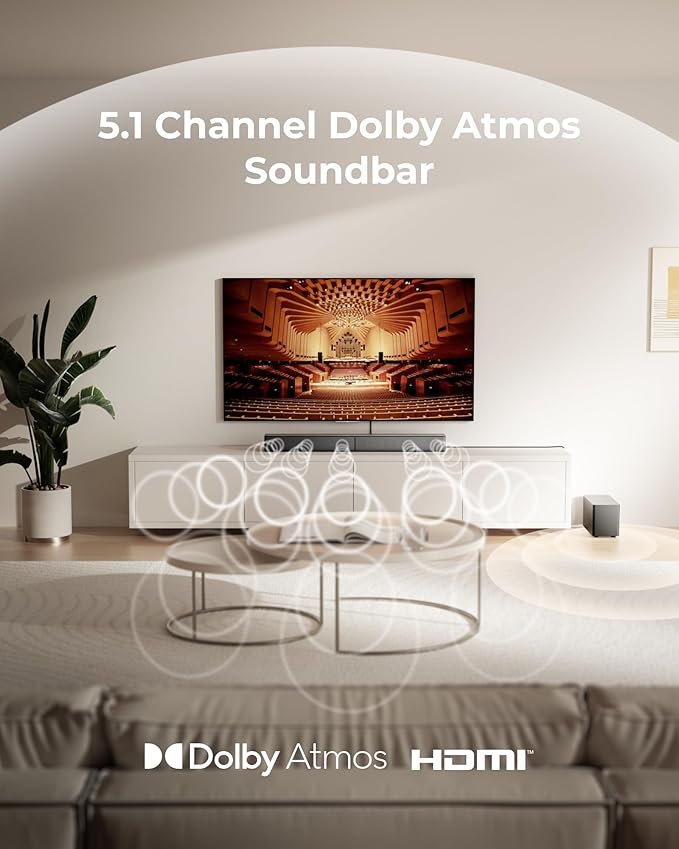 ULTIMEA 5.1CH Surround Sound Bar with Subwoofer, Dolby Atmos, VoiceMX, BassMX, APP, 300W Soundbar for Smart TV, Home Theater Surround Sound System for TV, BT 5.4, Poseidon M60 (2025 Model)