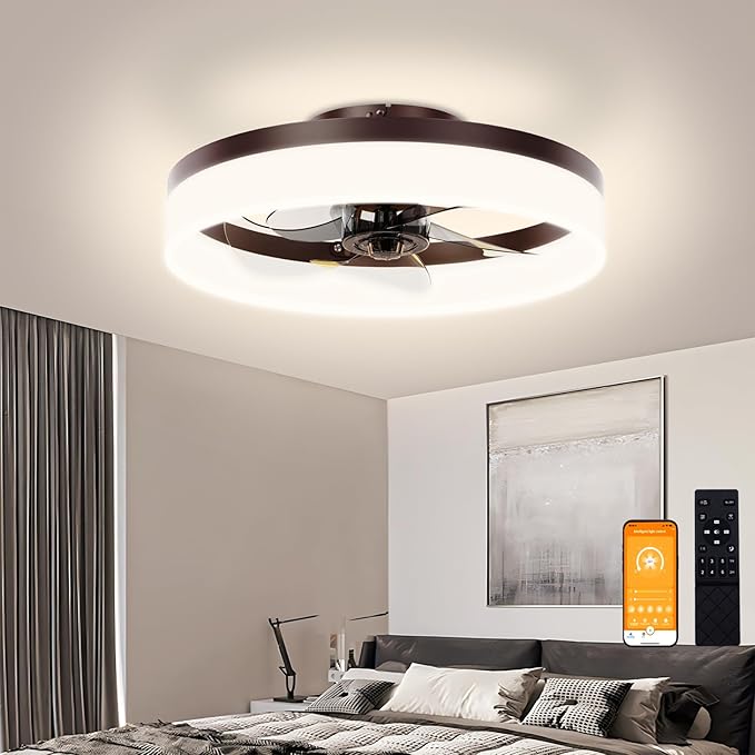 VOLISUN Low Profile Ceiling Fans with Lights and Remote,15.7in Modern Ceiling Fan Flush Mount, 3000K-6500K Dimmable Bladeless LED Fan Light,Brown Fandelier Ceiling Fans with Lights for Bedroom