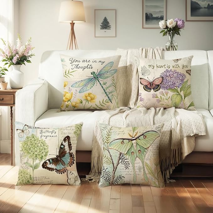 wyooxoo Throw Pillow Covers 20x20 Set of 4 Spring Summer Pillow Covers Linen Flower Butterfly Farmhouse Pillowcases for Sofa Couch Living Room Outdoor