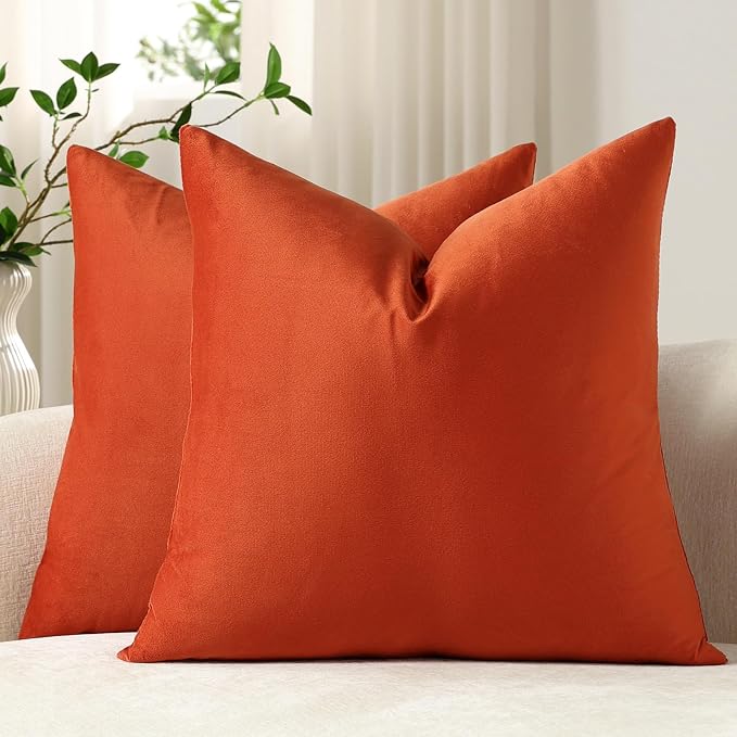 Euro Sham Covers 26x26 Burnt Orange: Pack of 2 Cozy Soft Velvet Square Modern Luxury Decorative Throw Pillow Cases for Sofa Couch Living Room Bed Home Decor