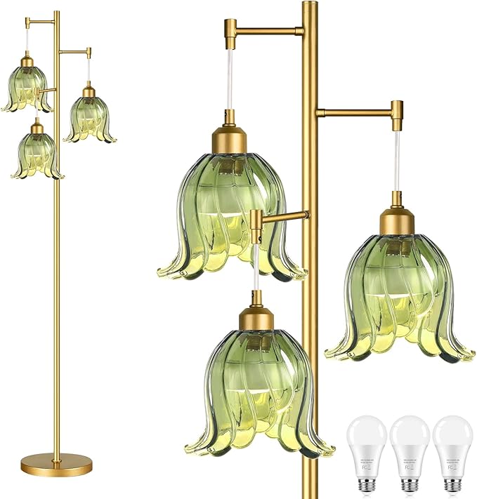 Gold Floor Lamp for Living Room,Bedroom,Tree 3 Light Standing Lamp Mid Century Modern Brass Tall Floor Lamps Vintage Retro Floor Lights Green Glass Flower Lamp Shade Farmhouse Boho Bohemian