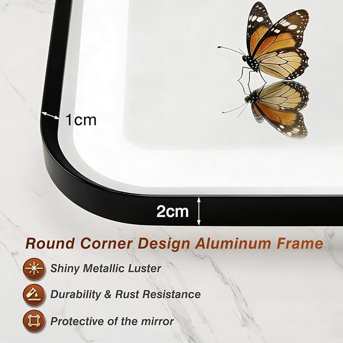 32x55 Inch LED Bathroom Mirror with Black Frame,Front and Backlit Vanity Mirror,Tempered Glass,Stepless Dimmable Wall Mirrors with Anti-Fog, 3 Colors, Memory, Waterproof, LED Smart Bathroom Mirror