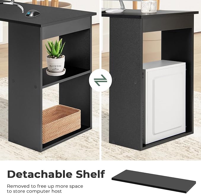 GRAFFY Computer Desk with 6 Storage Shelves - 48" Reversible Writing Desk Workstation with Bookshelf and CPU Stand, Modern Compact Office Desk for Bedroom, Study, Home, Office (Black)