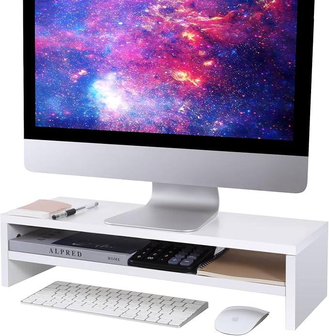 BEYGORM Monitor Stand Riser White, 21.6 inch 2 Tiers Wood Desk Shelf Computer Screen Stand with Storage for Desktop Laptop/Screen/TV/PC/Printer, Desk Shelf Organizer 21.6" L x 7.8" W x 5.2" H | For Full Keyboard, Computer Screen Stand with Storage for ...