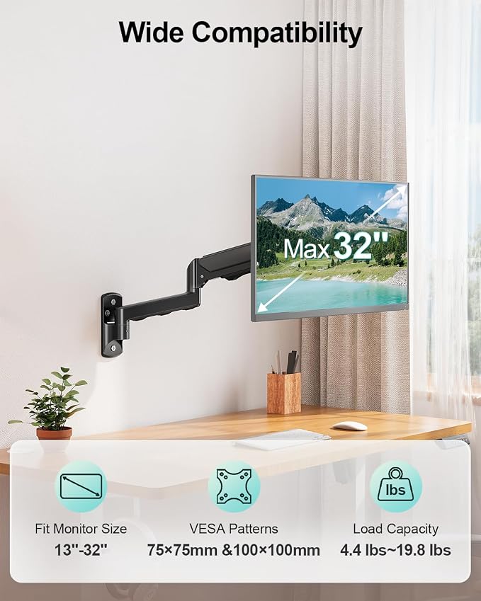 MOUNT PRO Monitor Wall Mount for 13 to 32 Inch Computer Screens, Single Monitor Mount with Tilt/Swivel/Rotation Adjustable, Gas Spring Wall Arm Holds up to 19.8lbs, Vesa Wall Mount 100x100